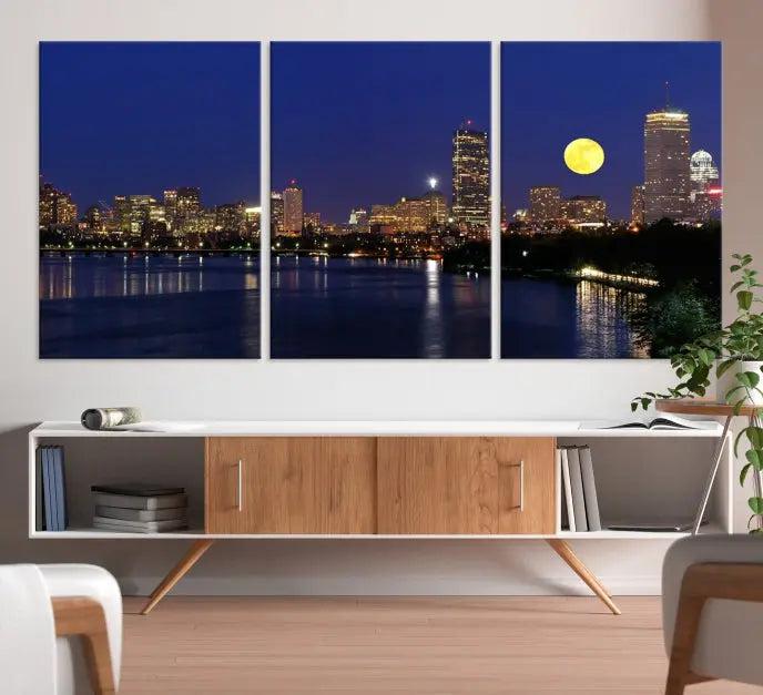 Boston City Lights Full Moon Night Skyline Cityscape View Wall Art Canvas Print 