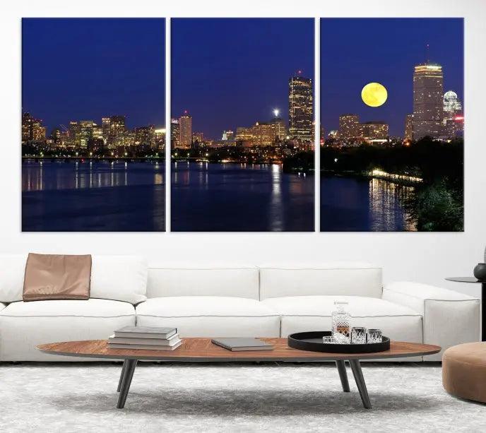 Boston City Lights Full Moon Night Skyline Cityscape View Wall Art Canvas Print 