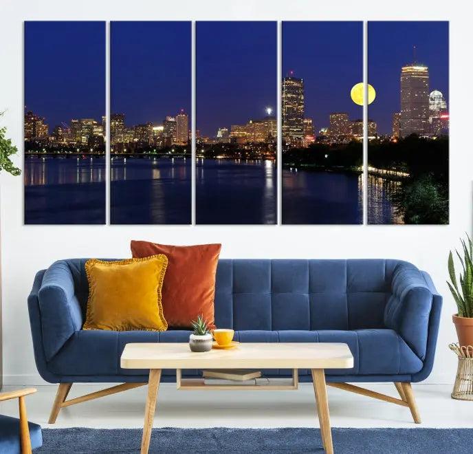 Boston City Lights Full Moon Night Skyline Cityscape View Wall Art Canvas Print 