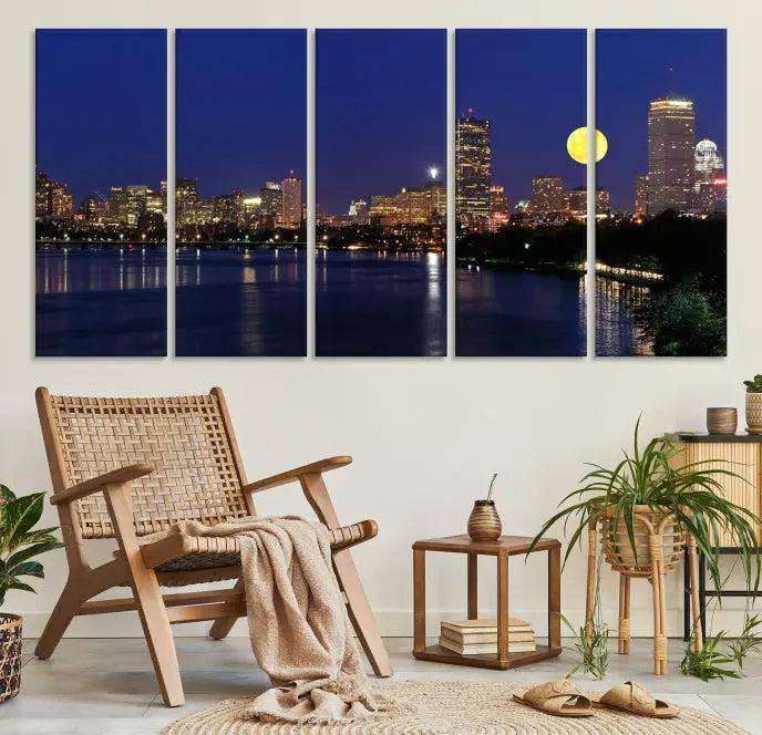 Boston City Lights Full Moon Night Skyline Cityscape View Wall Art Canvas Print 