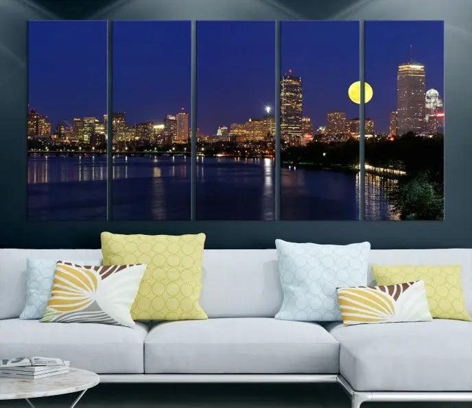 Boston City Lights Full Moon Night Skyline Cityscape View Wall Art Canvas Print 