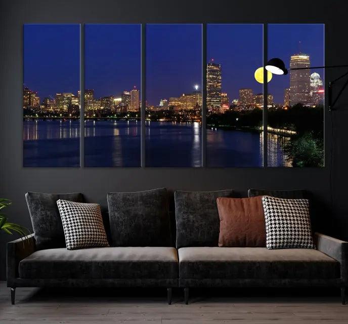 Boston City Lights Full Moon Night Skyline Cityscape View Wall Art Canvas Print 