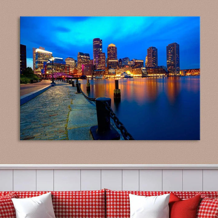 The "Boston City Lights Night Blue Skyline Cityscape" is a stunning large wall art of a city skyline at dusk, printed on museum-quality canvas with a UV-protective coating. It is ready to hang and can instantly transform your space.