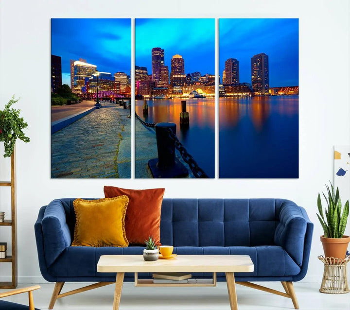 The "Boston City Lights Night Blue Skyline Cityscape" is a stunning large wall art of a city skyline at dusk, printed on museum-quality canvas with a UV-protective coating. It is ready to hang and can instantly transform your space.