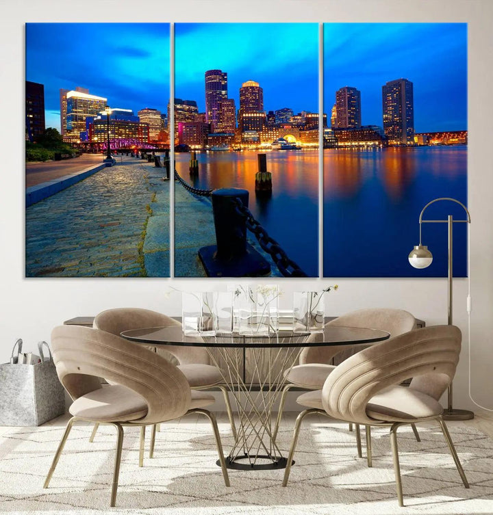 The "Boston City Lights Night Blue Skyline Cityscape" is a stunning large wall art of a city skyline at dusk, printed on museum-quality canvas with a UV-protective coating. It is ready to hang and can instantly transform your space.