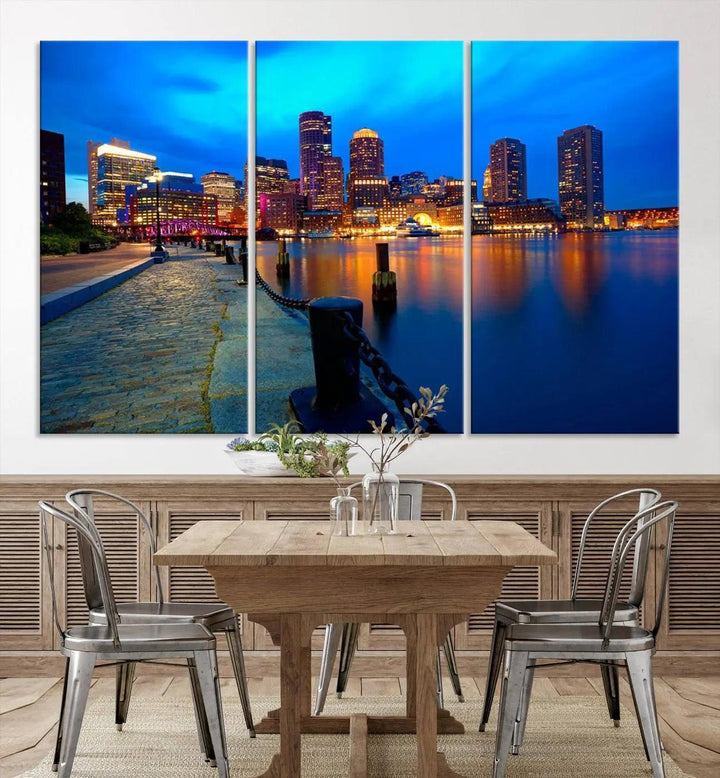 The "Boston City Lights Night Blue Skyline Cityscape" is a stunning large wall art of a city skyline at dusk, printed on museum-quality canvas with a UV-protective coating. It is ready to hang and can instantly transform your space.