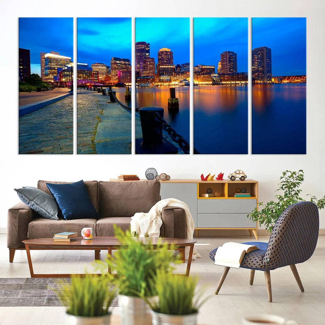 The "Boston City Lights Night Blue Skyline Cityscape" is a stunning large wall art of a city skyline at dusk, printed on museum-quality canvas with a UV-protective coating. It is ready to hang and can instantly transform your space.