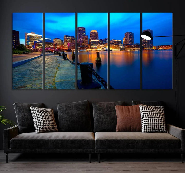 The "Boston City Lights Night Blue Skyline Cityscape" is a stunning large wall art of a city skyline at dusk, printed on museum-quality canvas with a UV-protective coating. It is ready to hang and can instantly transform your space.