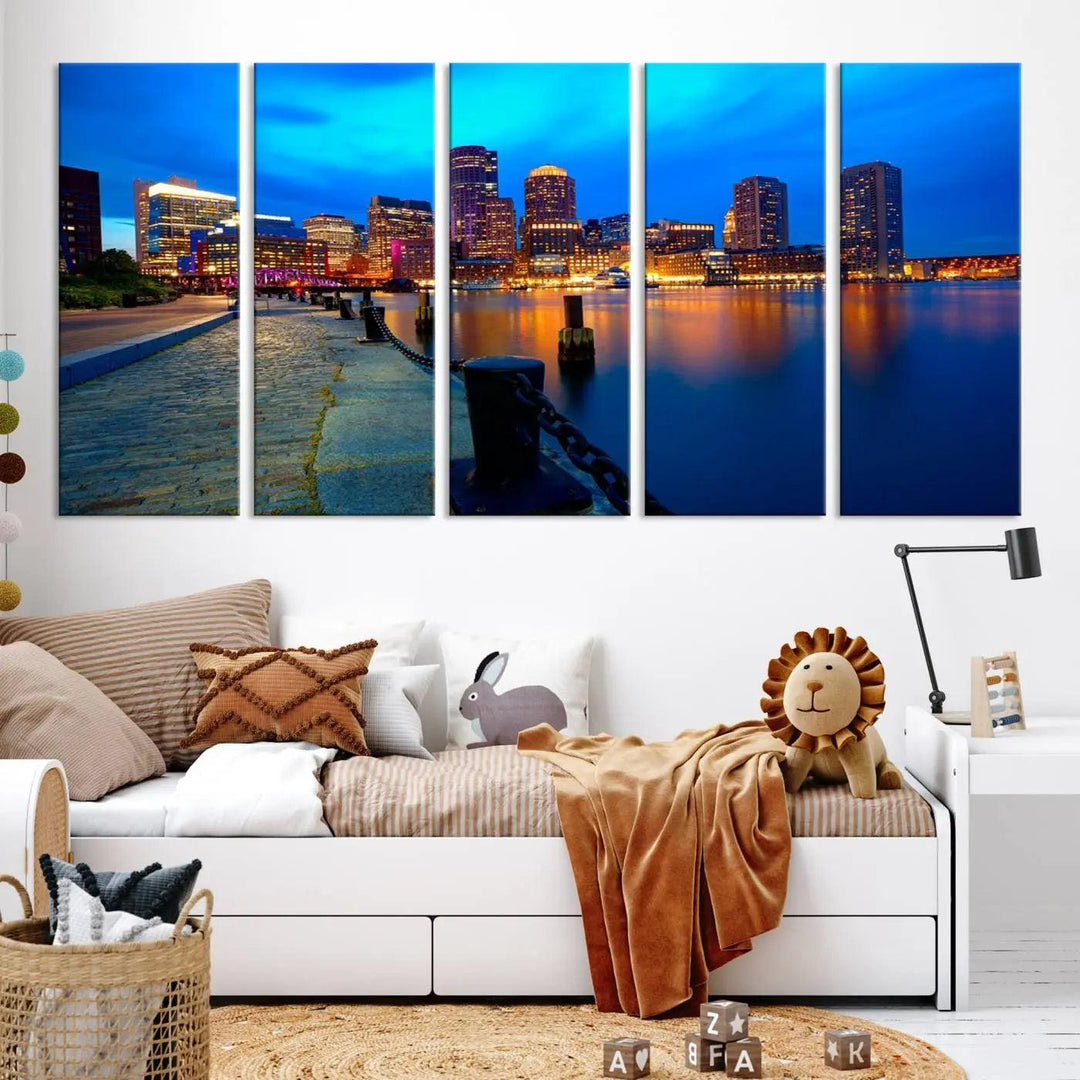 The "Boston City Lights Night Blue Skyline Cityscape" is a stunning large wall art of a city skyline at dusk, printed on museum-quality canvas with a UV-protective coating. It is ready to hang and can instantly transform your space.