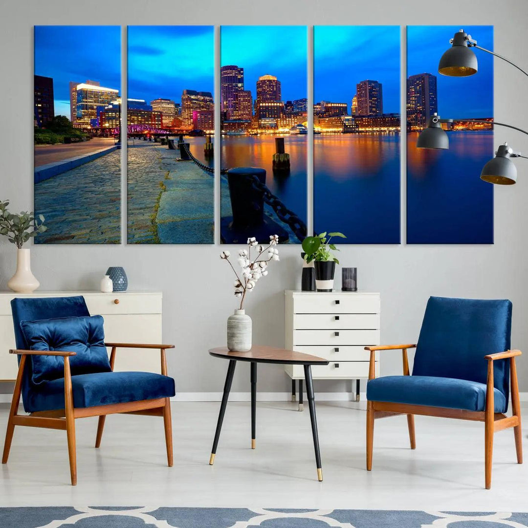 The "Boston City Lights Night Blue Skyline Cityscape" is a stunning large wall art of a city skyline at dusk, printed on museum-quality canvas with a UV-protective coating. It is ready to hang and can instantly transform your space.