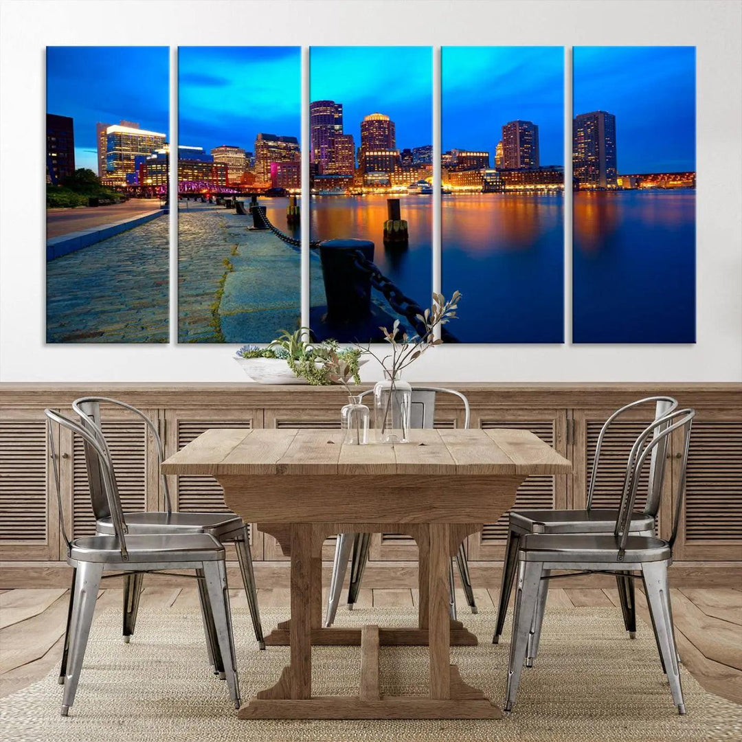 The "Boston City Lights Night Blue Skyline Cityscape" is a stunning large wall art of a city skyline at dusk, printed on museum-quality canvas with a UV-protective coating. It is ready to hang and can instantly transform your space.