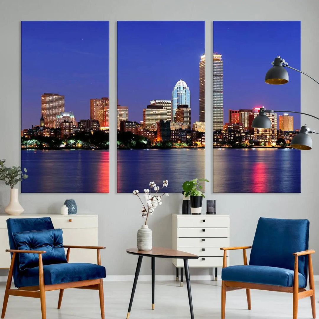 The Boston City Lights Night Purple Skyline Cityscape View Wall Art Canvas Print, hand-assembled and ready to hang, is displayed prominently.