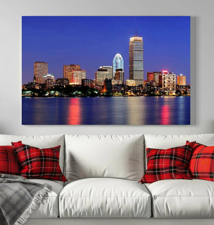 The Boston City Lights Night Purple Skyline Cityscape View Wall Art Canvas Print, hand-assembled and ready to hang, is displayed prominently.