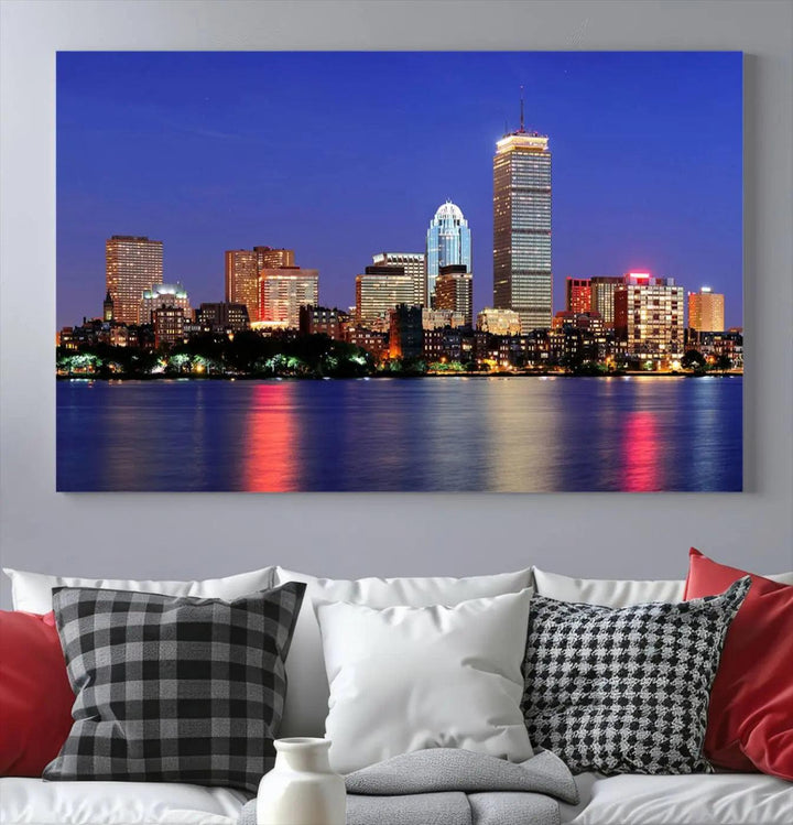 The Boston City Lights Night Purple Skyline Cityscape View Wall Art Canvas Print, hand-assembled and ready to hang, is displayed prominently.