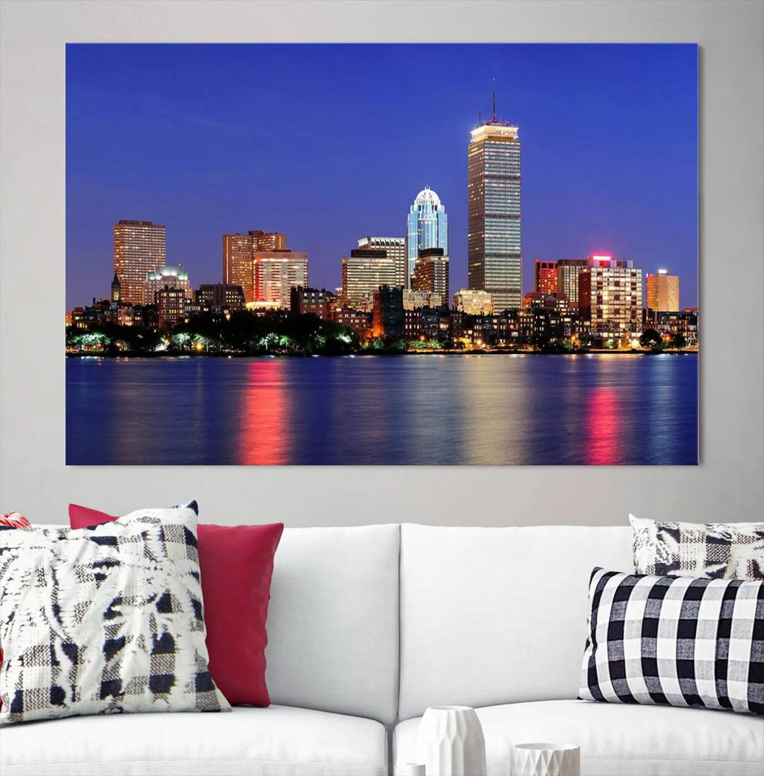 The Boston City Lights Night Purple Skyline Cityscape View Wall Art Canvas Print, hand-assembled and ready to hang, is displayed prominently.