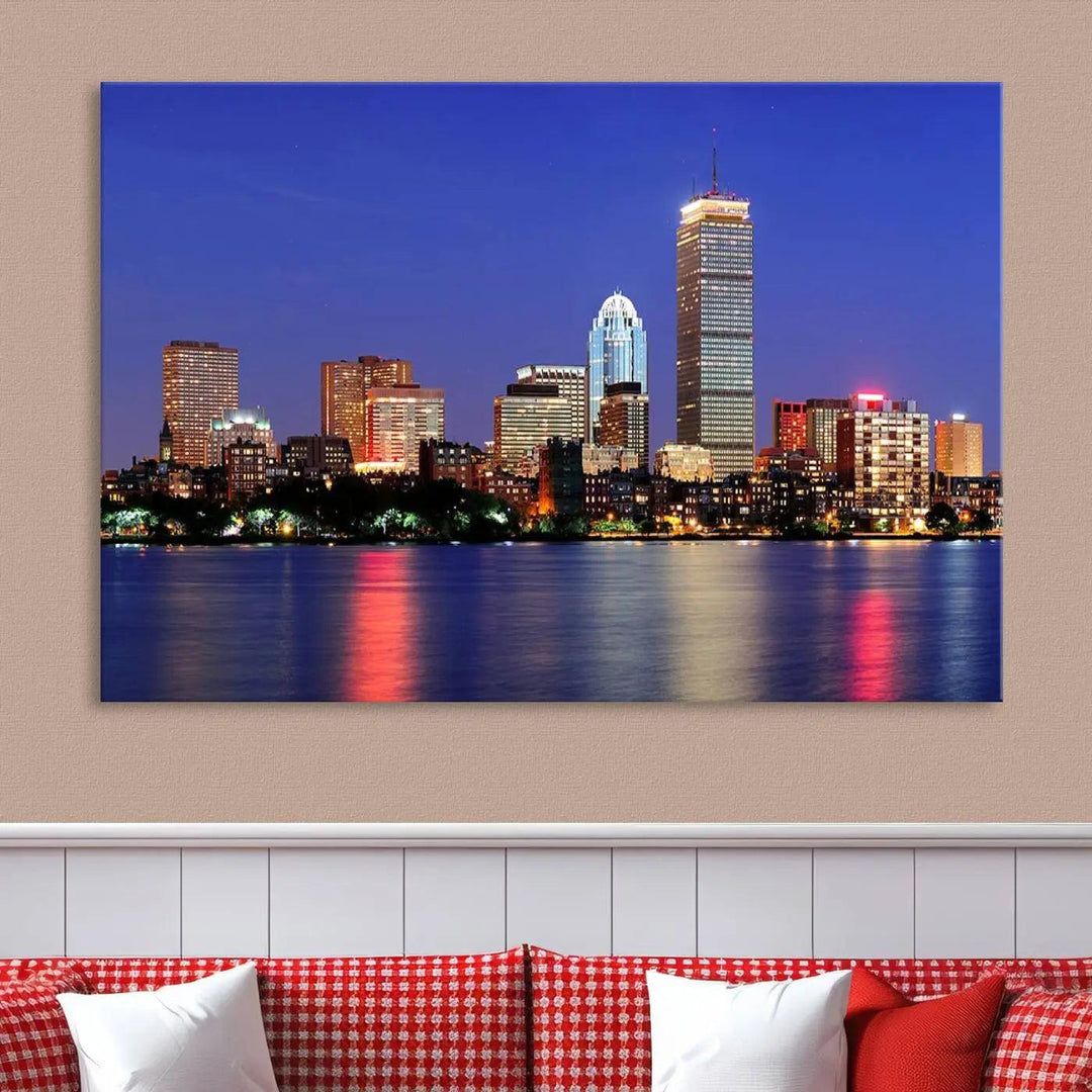 The Boston City Lights Night Purple Skyline Cityscape View Wall Art Canvas Print, hand-assembled and ready to hang, is displayed prominently.