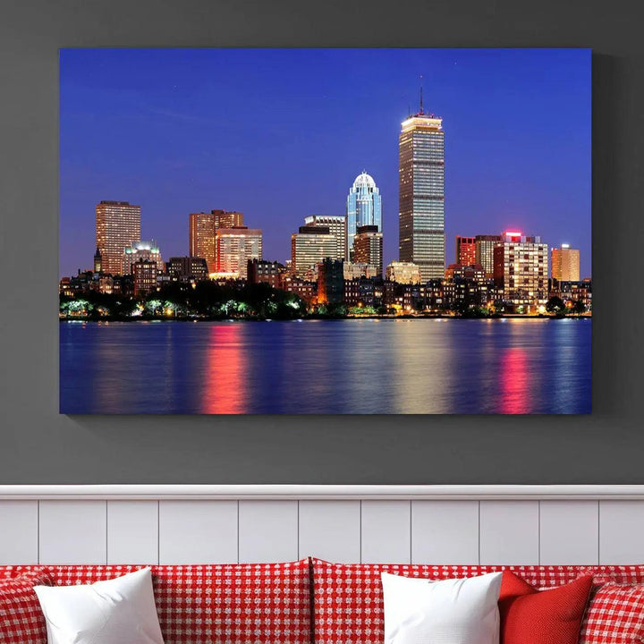 The Boston City Lights Night Purple Skyline Cityscape View Wall Art Canvas Print, hand-assembled and ready to hang, is displayed prominently.