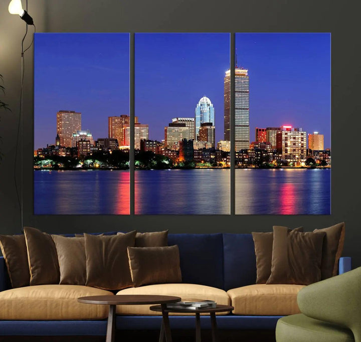 The Boston City Lights Night Purple Skyline Cityscape View Wall Art Canvas Print, hand-assembled and ready to hang, is displayed prominently.