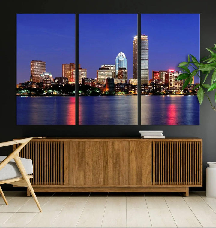 The Boston City Lights Night Purple Skyline Cityscape View Wall Art Canvas Print, hand-assembled and ready to hang, is displayed prominently.