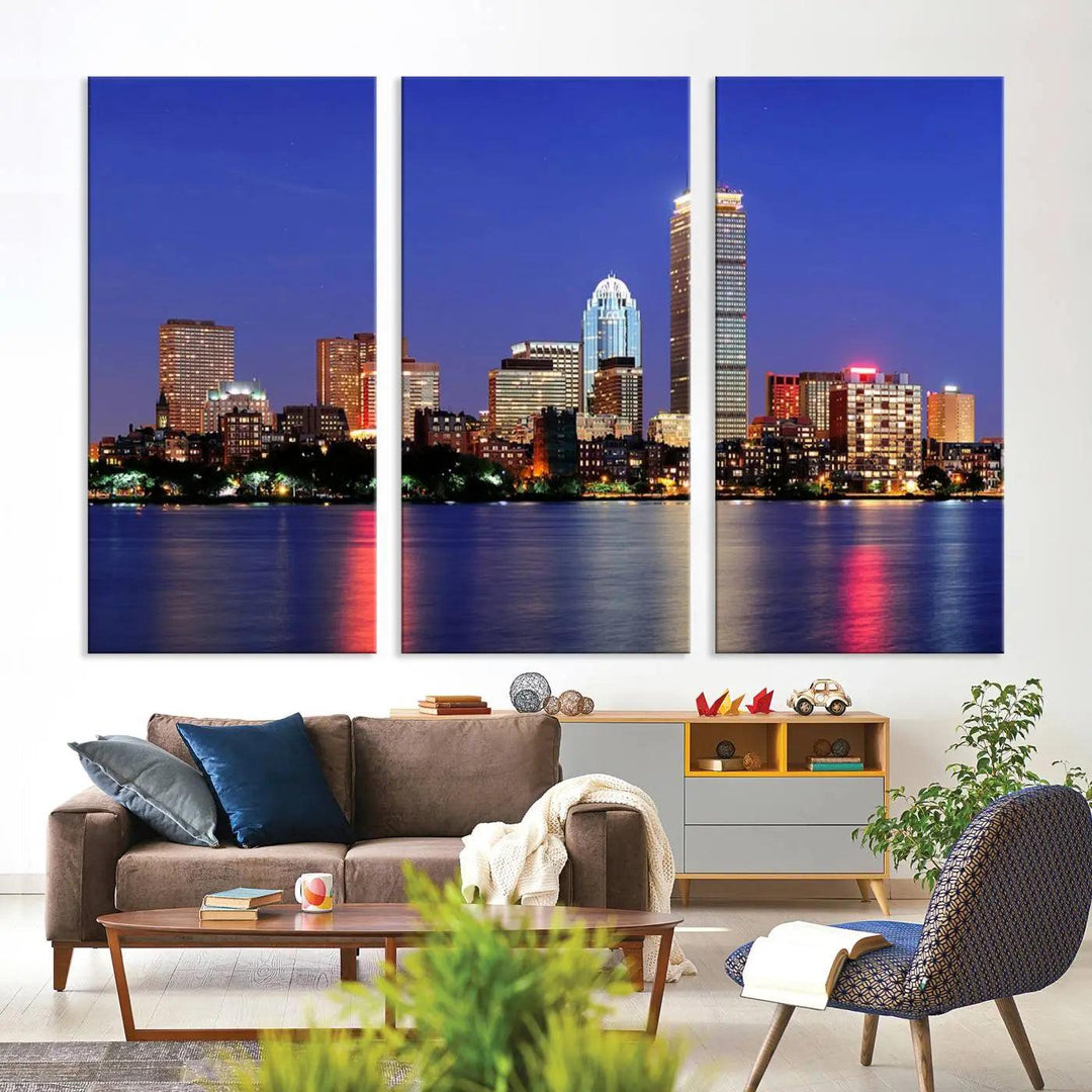 The Boston City Lights Night Purple Skyline Cityscape View Wall Art Canvas Print, hand-assembled and ready to hang, is displayed prominently.