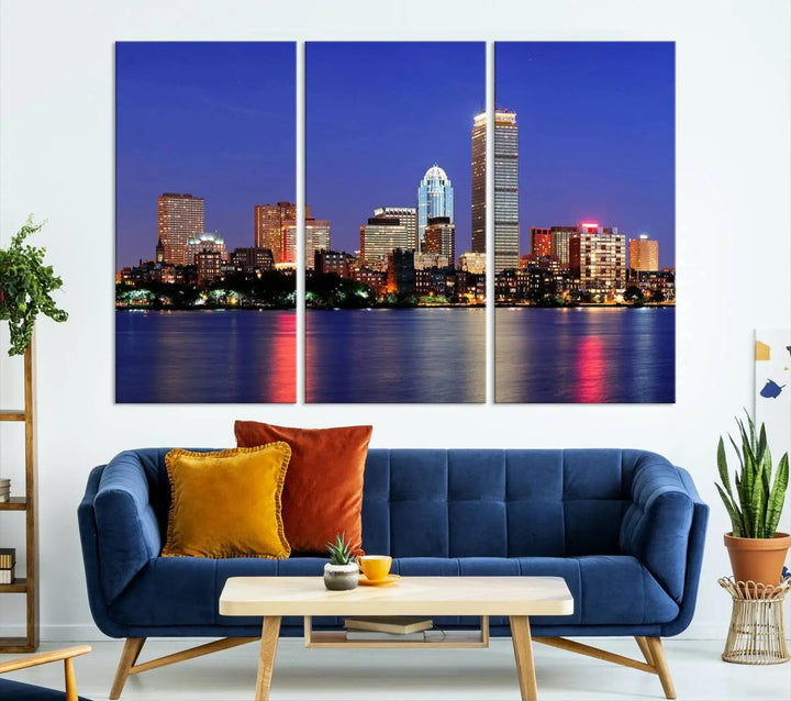 The Boston City Lights Night Purple Skyline Cityscape View Wall Art Canvas Print, hand-assembled and ready to hang, is displayed prominently.