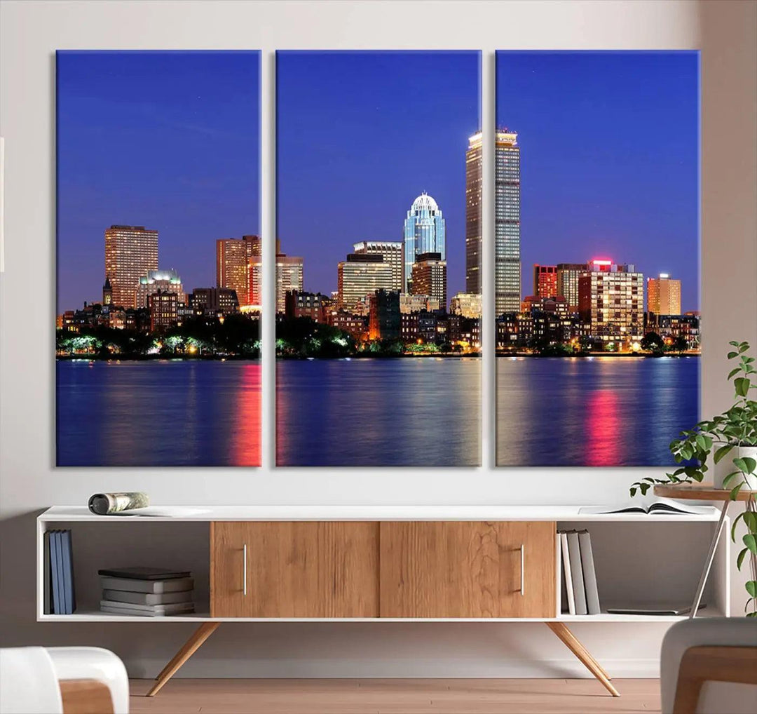 The Boston City Lights Night Purple Skyline Cityscape View Wall Art Canvas Print, hand-assembled and ready to hang, is displayed prominently.