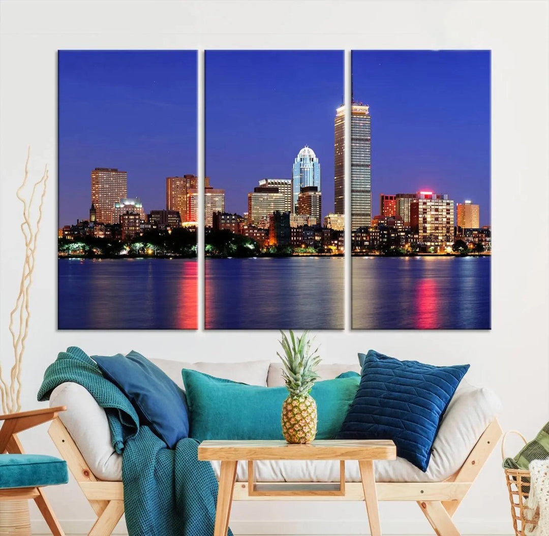 The Boston City Lights Night Purple Skyline Cityscape View Wall Art Canvas Print, hand-assembled and ready to hang, is displayed prominently.