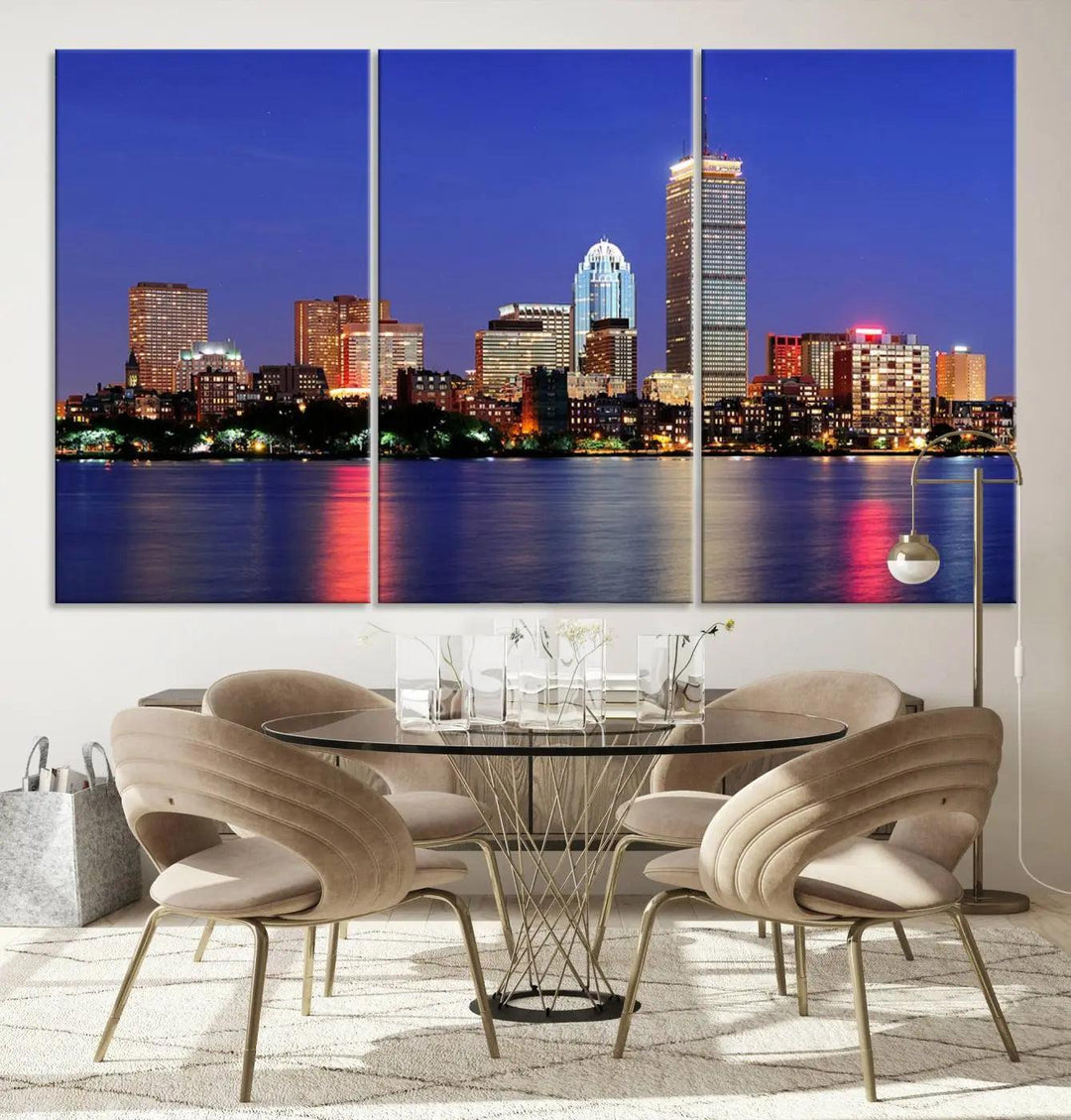 The Boston City Lights Night Purple Skyline Cityscape View Wall Art Canvas Print, hand-assembled and ready to hang, is displayed prominently.