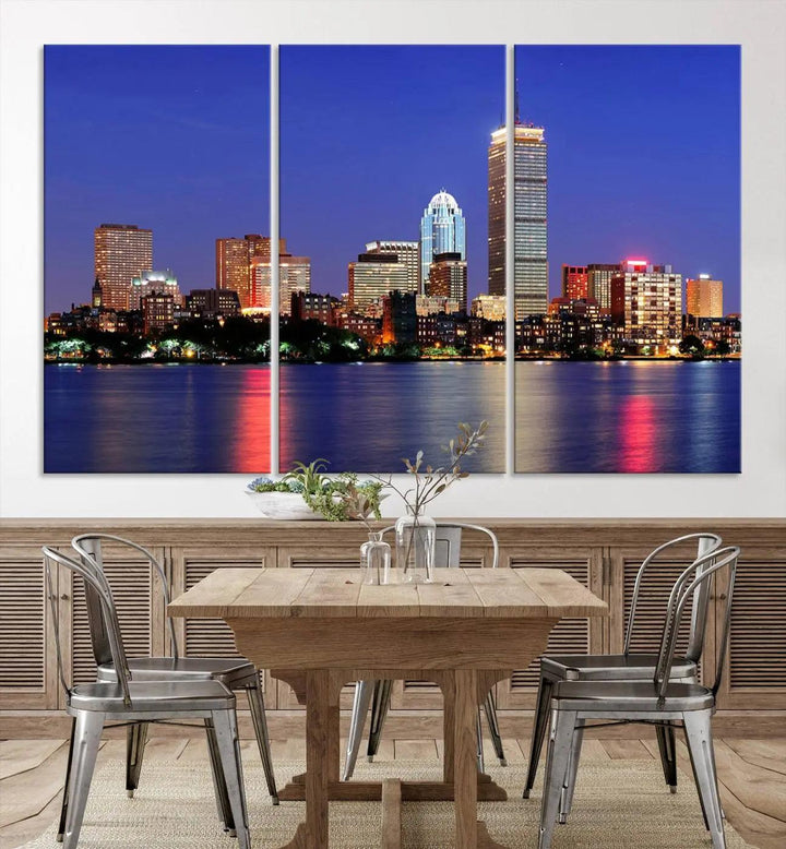 The Boston City Lights Night Purple Skyline Cityscape View Wall Art Canvas Print, hand-assembled and ready to hang, is displayed prominently.