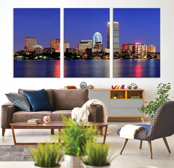 The Boston City Lights Night Purple Skyline Cityscape View Wall Art Canvas Print, hand-assembled and ready to hang, is displayed prominently.