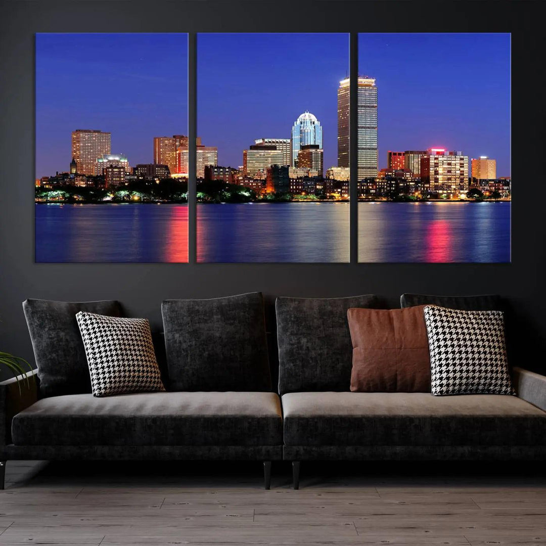 The Boston City Lights Night Purple Skyline Cityscape View Wall Art Canvas Print, hand-assembled and ready to hang, is displayed prominently.