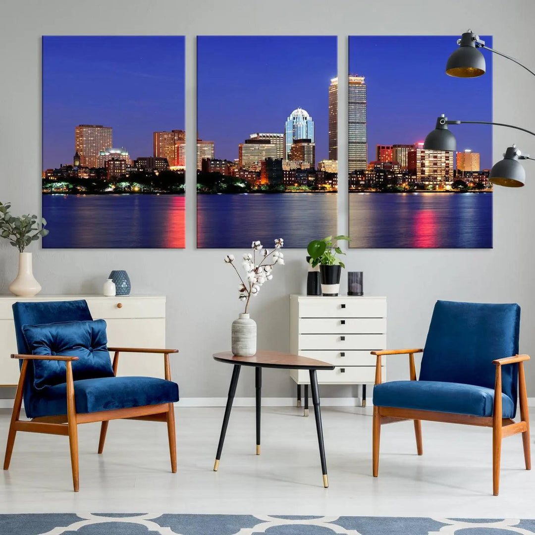 The Boston City Lights Night Purple Skyline Cityscape View Wall Art Canvas Print, hand-assembled and ready to hang, is displayed prominently.