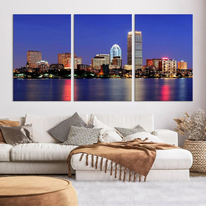 The Boston City Lights Night Purple Skyline Cityscape View Wall Art Canvas Print, hand-assembled and ready to hang, is displayed prominently.