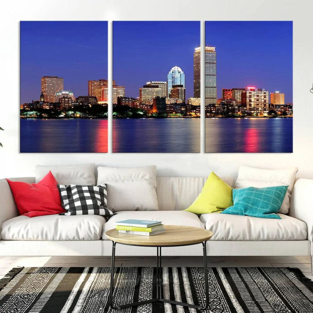 The Boston City Lights Night Purple Skyline Cityscape View Wall Art Canvas Print, hand-assembled and ready to hang, is displayed prominently.