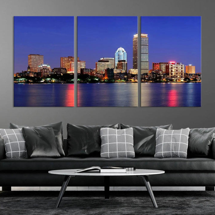 The Boston City Lights Night Purple Skyline Cityscape View Wall Art Canvas Print, hand-assembled and ready to hang, is displayed prominently.