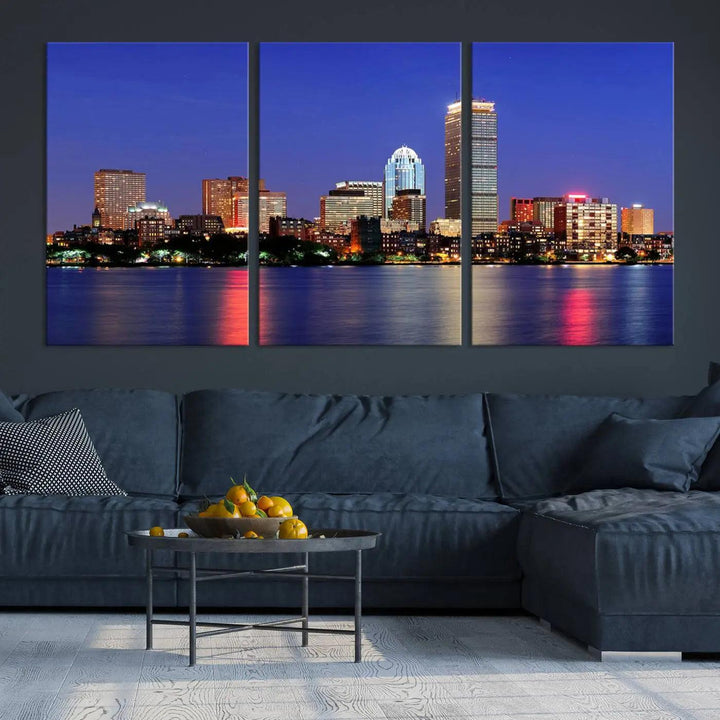 The Boston City Lights Night Purple Skyline Cityscape View Wall Art Canvas Print, hand-assembled and ready to hang, is displayed prominently.