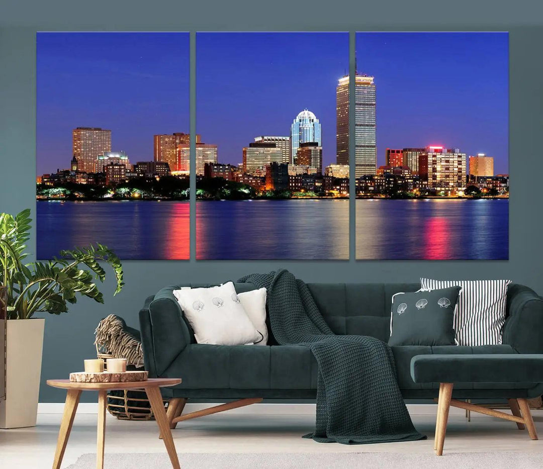 The Boston City Lights Night Purple Skyline Cityscape View Wall Art Canvas Print, hand-assembled and ready to hang, is displayed prominently.