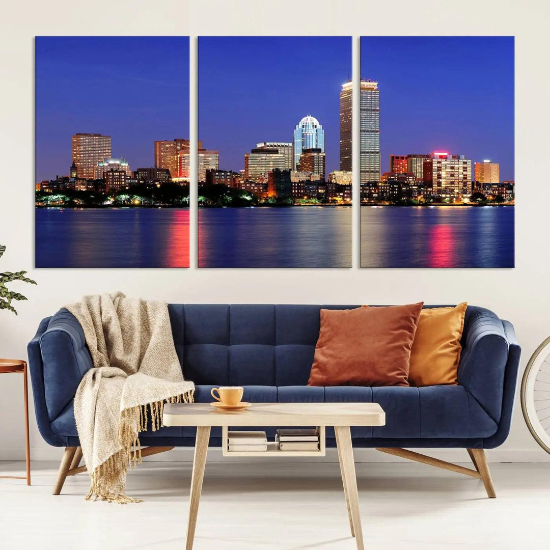 The Boston City Lights Night Purple Skyline Cityscape View Wall Art Canvas Print, hand-assembled and ready to hang, is displayed prominently.