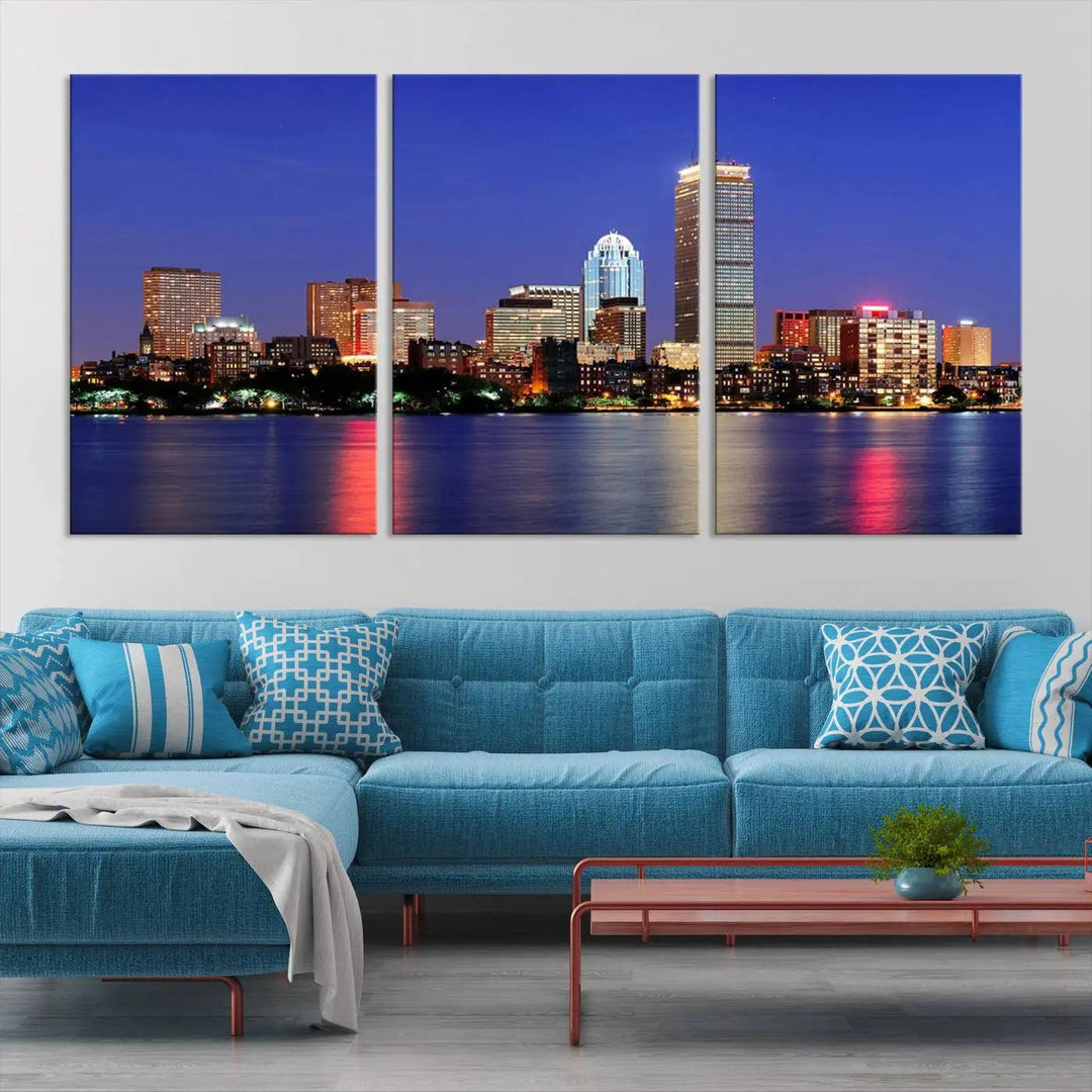 The Boston City Lights Night Purple Skyline Cityscape View Wall Art Canvas Print, hand-assembled and ready to hang, is displayed prominently.