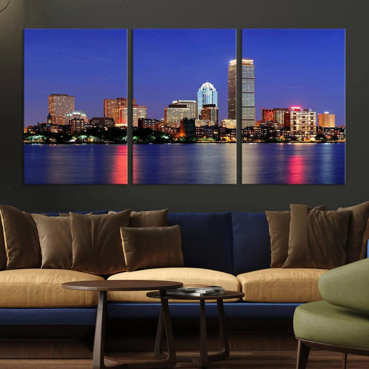 The Boston City Lights Night Purple Skyline Cityscape View Wall Art Canvas Print, hand-assembled and ready to hang, is displayed prominently.