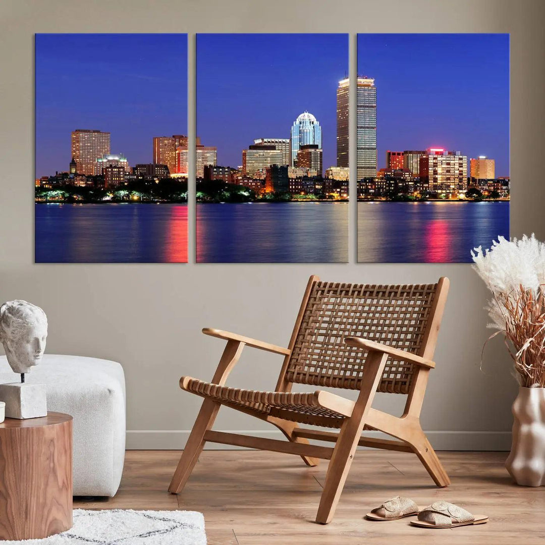 The Boston City Lights Night Purple Skyline Cityscape View Wall Art Canvas Print, hand-assembled and ready to hang, is displayed prominently.