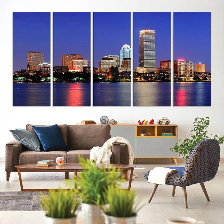 The Boston City Lights Night Purple Skyline Cityscape View Wall Art Canvas Print, hand-assembled and ready to hang, is displayed prominently.