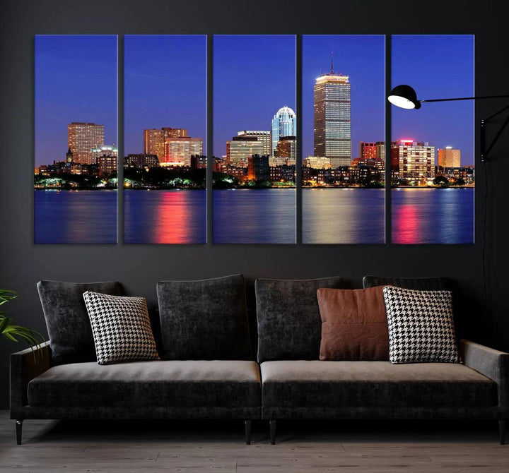 The Boston City Lights Night Purple Skyline Cityscape View Wall Art Canvas Print, hand-assembled and ready to hang, is displayed prominently.