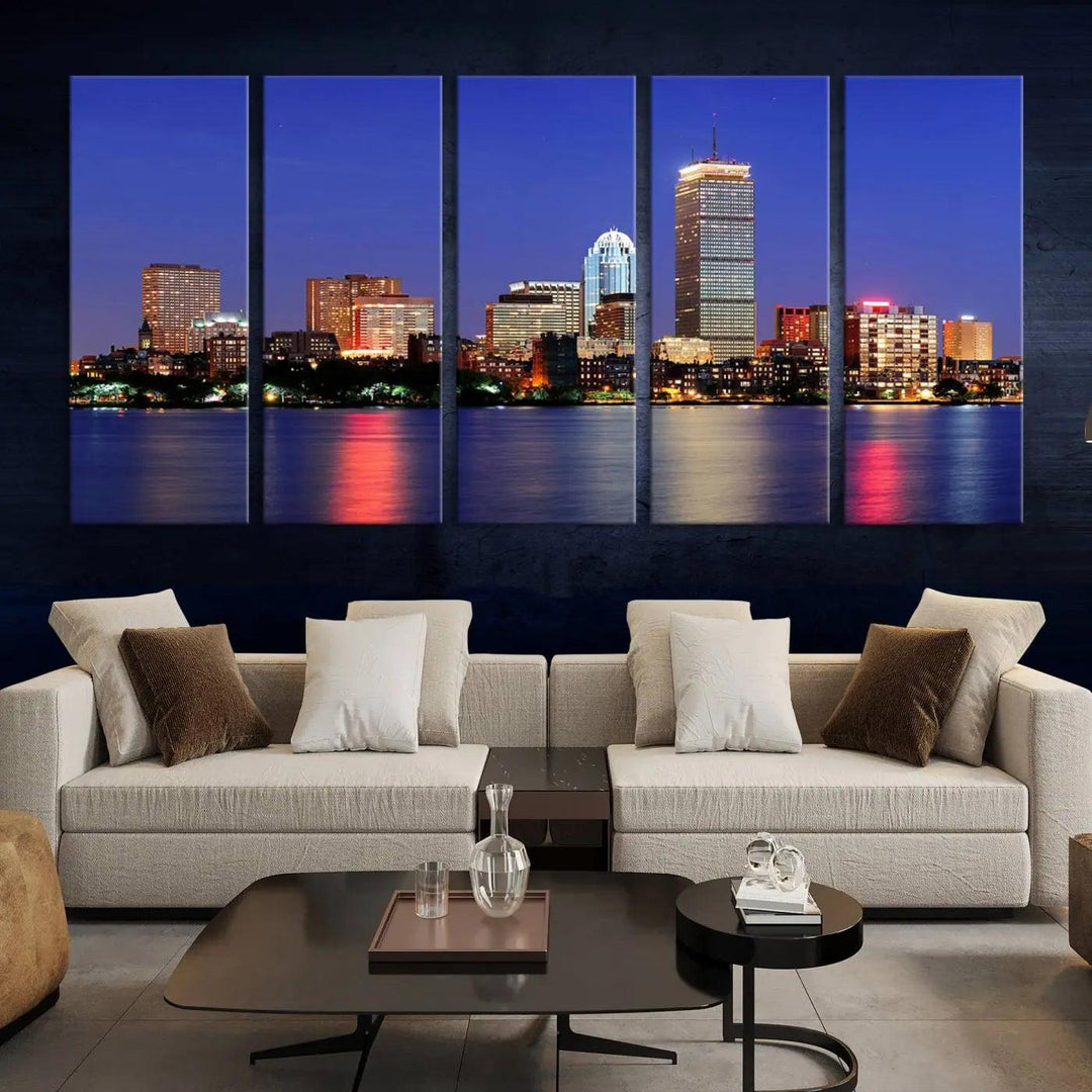 The Boston City Lights Night Purple Skyline Cityscape View Wall Art Canvas Print, hand-assembled and ready to hang, is displayed prominently.