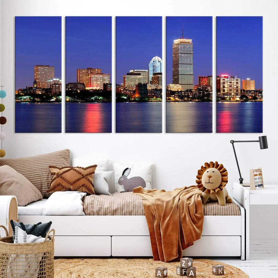 The Boston City Lights Night Purple Skyline Cityscape View Wall Art Canvas Print, hand-assembled and ready to hang, is displayed prominently.