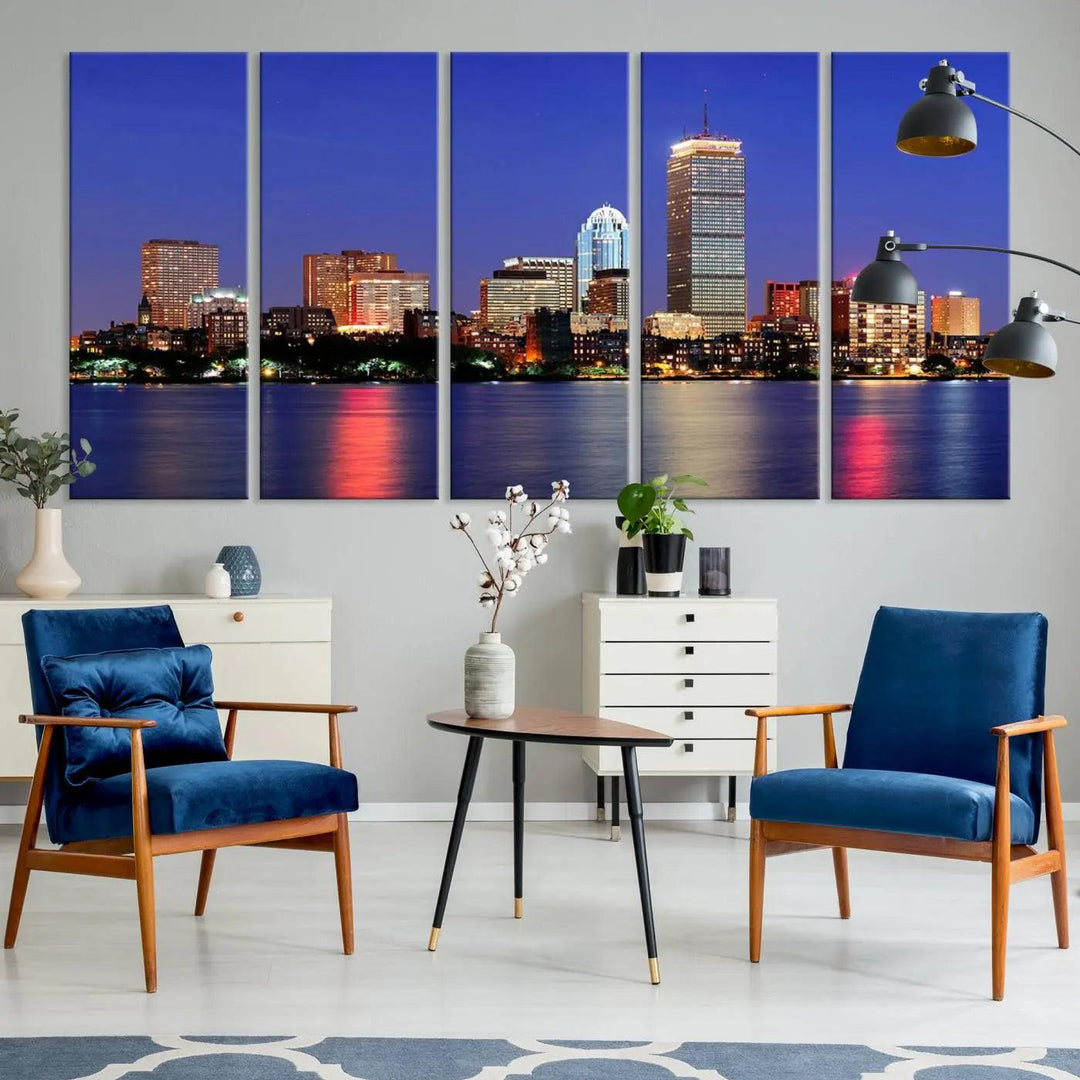 The Boston City Lights Night Purple Skyline Cityscape View Wall Art Canvas Print, hand-assembled and ready to hang, is displayed prominently.