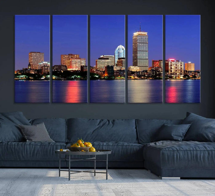 The Boston City Lights Night Purple Skyline Cityscape View Wall Art Canvas Print, hand-assembled and ready to hang, is displayed prominently.