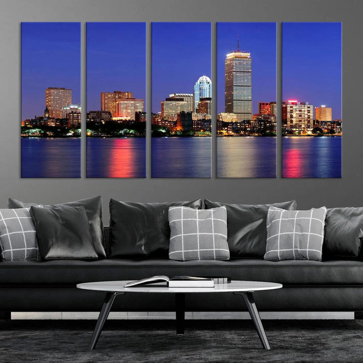 The Boston City Lights Night Purple Skyline Cityscape View Wall Art Canvas Print, hand-assembled and ready to hang, is displayed prominently.