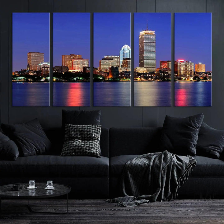 The Boston City Lights Night Purple Skyline Cityscape View Wall Art Canvas Print, hand-assembled and ready to hang, is displayed prominently.