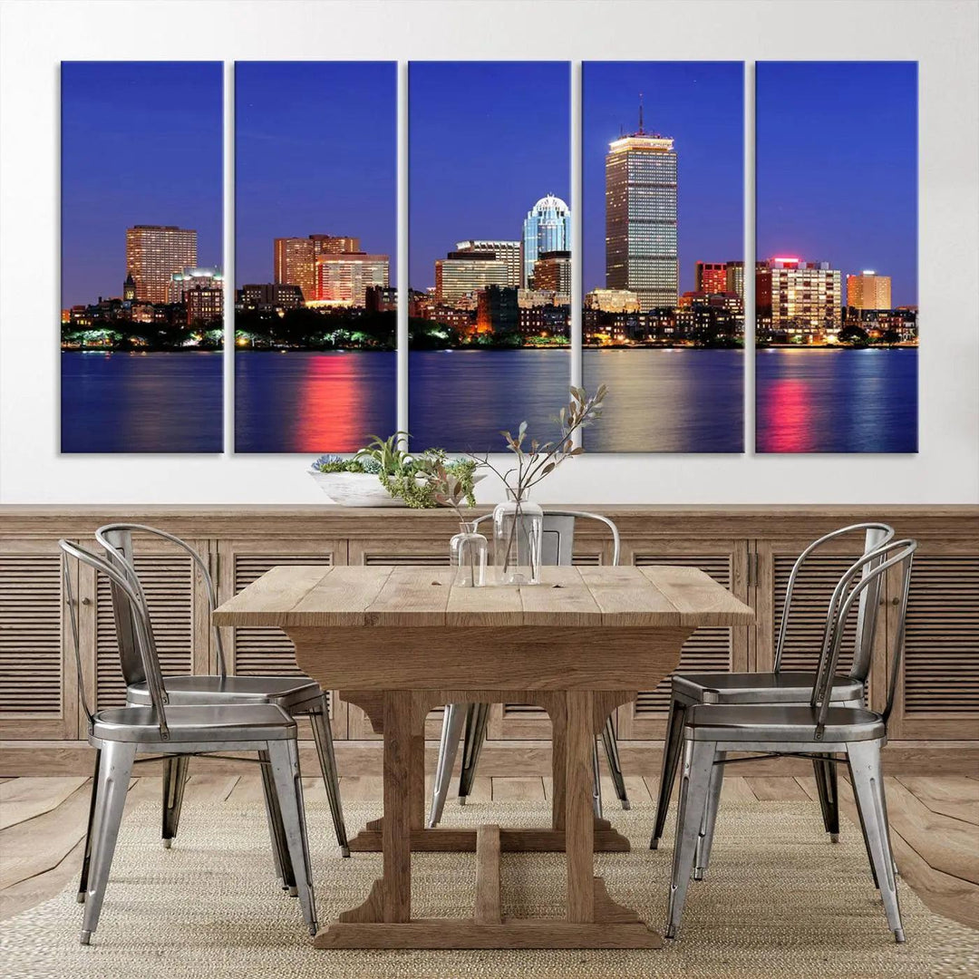 The Boston City Lights Night Purple Skyline Cityscape View Wall Art Canvas Print, hand-assembled and ready to hang, is displayed prominently.